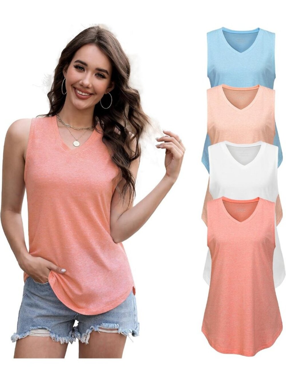 4 Pack Women's V-Neck Tank Tops - Casual Loose Fit Sleeveless Summer Shirts